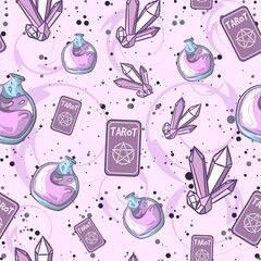 Purple occult seamless pattern with different magic objects. Repetitive background with tarot cards, liquid bottles and amethysts. - obrazy, fototapety, plakaty