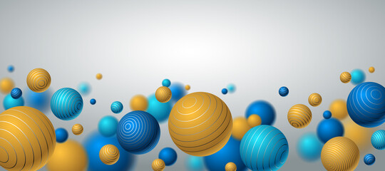Abstract spheres vector background with blank copy space, composition of flying balls decorated with lines, 3D mixed realistic globes, realistic depth of field effect.