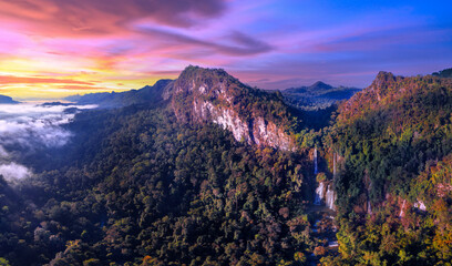 Fototapeta na wymiar Aerial view sunrise of Deep Forest beautiful waterfall at Thi Lo Su, Tak province, Thailand.