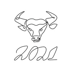 Bull head, 2021, Happy New Year, continuous line drawing. Continuous line drawing. Minimal design. Template for Christmas flyers, greeting cards, neon, brochures. Isolated vector illustration.