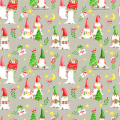 Watercolor seamless pattern with Christmas gnomes. Hand painted fairy background with little elves celebrating New year. Christmas tree, sleigh, star, moon, mistletoe leaves and gifts.