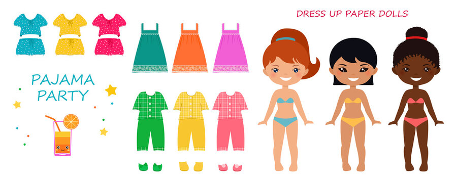 1430_Dress up paper doll. Cute chibi girl character in pajamas for pajama party. Flat cartoon style