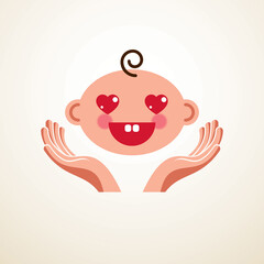 Cute baby cartoon vector flat icon, adorable happy and smiling child emoji. With mother or nanny tender hands of care.