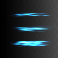 Blue horizontal lens flares pack. Laser beams, horizontal light rays.Beautiful light flares. Glowing streaks on dark background. Luminous abstract sparkling lined background.