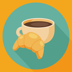Flat vector icon of coffee with croissant