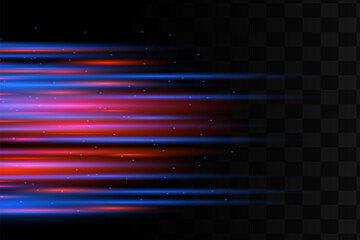 Blue horizontal lens flares pack. Laser beams, horizontal light rays.Beautiful light flares. Glowing streaks on dark background. Luminous abstract sparkling lined background.