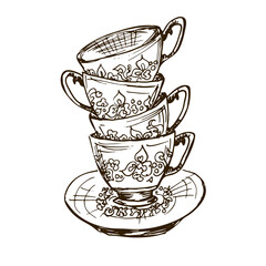 Vintage hand drawn coffee cups on white background
