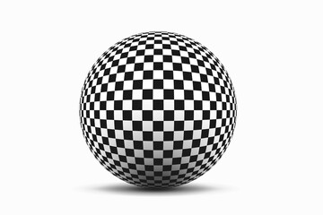 Checkered sphere with shadow. Abstract, monochrome, circle consisting of squares in 3D perspective. A vector object on an isolated background.
