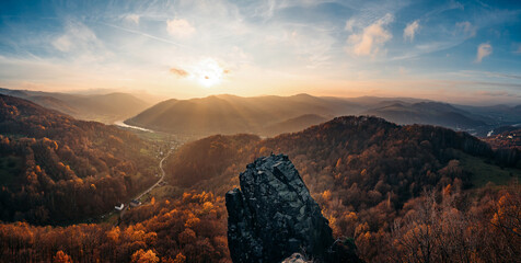Beautiful view to valley with river Labe in czech central mountain from hill Vrabinec, Czech...