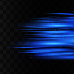 Blue horizontal lens flares pack. Laser beams, horizontal light rays.Beautiful light flares. Glowing streaks on dark background. Luminous abstract sparkling lined background.