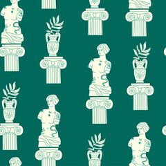 Antique marble statue of woman, column, branch, amphora. Mythical, ancient greek style. Hand drawn Vector illustration. Square Seamless Pattern. Green background, wallpaper