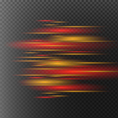 Fototapeta premium yellow horizontal lens flares pack. Laser beams, horizontal light rays.Beautiful light flares. Glowing streaks on dark background. Luminous abstract sparkling lined background.