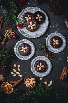 Chocolate Elisenlebkuchen (Nuremberg gingerbread cake) on metal plates