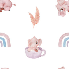 Cute baby elephant sitting in cup watercolor illustration. Children illustration character. Rainbow nursery poster theme. Hand painted pink elephant isolated on white background.