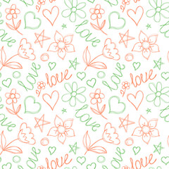 Hearts and love. Seamless pattern. Hand drawn flowers and stars. Vector illustration. Pen or marker doodle sketch. Line art silhouettes. Repeat contour drawing.