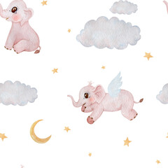 Baby elephant in the sky watercolor seamless pattern. Hand painted cute elephant children textile pattern design.