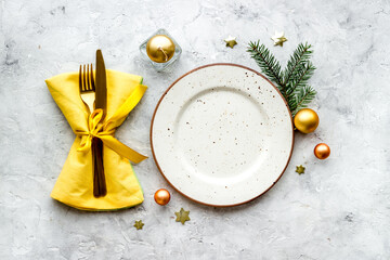 Christmas card or menu template copy space. Holiday table setting flat lay