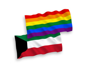 National vector fabric wave flags of Rainbow gay pride and Kuwait isolated on white background. 1 to 2 proportion.