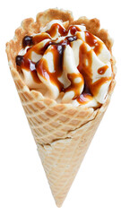 Ice cream in a waffle cone with caramel isolated