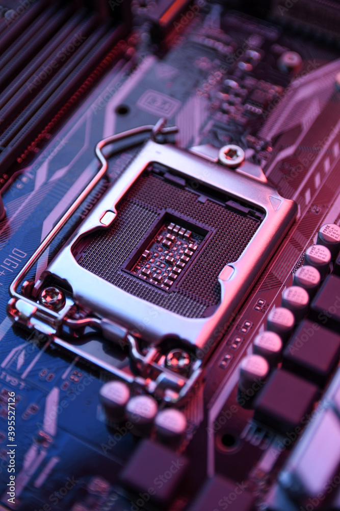Poster Computer Central Processor socket on motherboard and electronical components cpu gpu memory and different sockets for video card close up