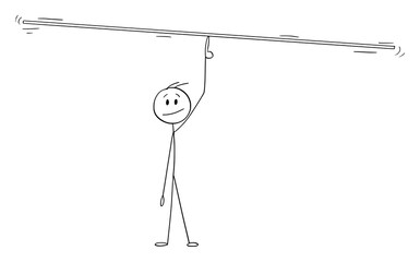 Vector cartoon stick figure illustration of man, manager or businessman balancing something on finger. Add your text or objects.