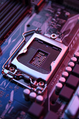 Computer Central Processor socket on motherboard and electronical components cpu gpu memory and different sockets for video card close up