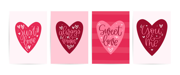Valentines day pink red card set. Heart frame vector design with lettering love messages: just love, always and forever, sweet love, you and me. February 14 gift bag print with stripes and traditional