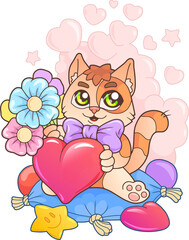 little cute kitten with flowers, funny illustration