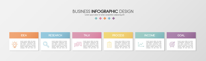 Concept of a business info graph with 6 elements. Colourful diagram. Vector