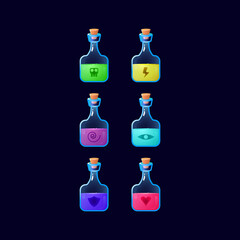 Set of game ui colorful potion bottle magic power up for gui asset elements
