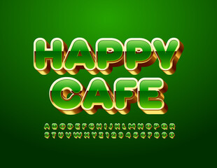 Vector elite sign Happy Cafe. 3D Green and Gold Font. Luxury Alphabet Letters and Numbers set