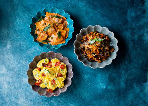 Pasta selection - ravioli, tortellini and tagliatelle