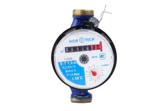 KIEV, UKRAINE - November 26, 2020: Water meter Gidrotek ET 1.5U for cold water. Blue modern radio wireless water meter close up