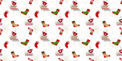 Winter holiday seamless pattern Christmas background cozy home with novel and hot coffee in cold snowy weather