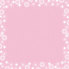 Snow crystal frame on pink background with white dust