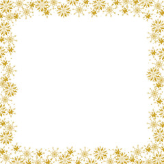 Golden snow crystal frame on white background