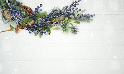 winter background with fir branches cones and snow