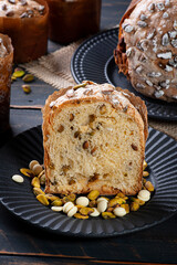 .Delicious homemade panettone with natural fermentation. With white chocolate and pistachios