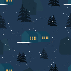 Vector pattern with winter landscape in the village