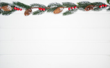 Fototapeta na wymiar winter background with fir branches cones and snow