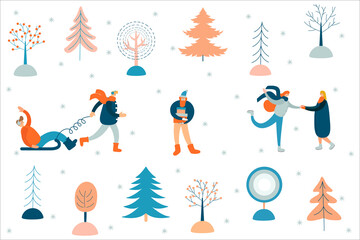 Merry Christmas background with winter outdoor leisure activities on white background, people ice skating, sledding, man with gifts. Flat vector illustration.