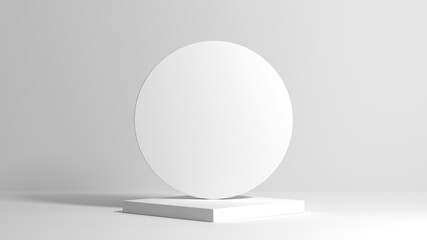 Abstract light white square podium with round back composition. Clean 3D room for your text and products with light and shadow. 3D illustration Render