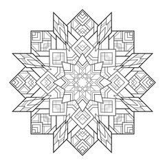 Abstract geometry mandala with line patterns on white isolated background. For coloring book pages.