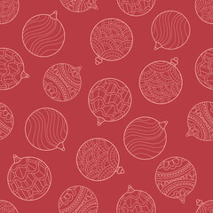 Christmas pink balls with floral and geometric elements on calm red background. Seamless winter pattern. Suitable for coloring book,  wrapping paper.
