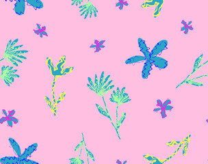 Abstract Hand Drawing Geometric Japanese Ditsy Flowers and Leaves Repeating Vector Pattern Isolated Background 