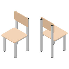 Isometric student chair. Front and back views. 3d rendering. Vector illustration isolated on white background.
