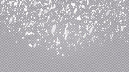 Vector heavy snowfall, snowflakes in different shapes and forms. Many white cold flake elements on transparent background. Snow falling, snow flakes background.