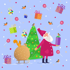 Vector pattern. Cute Santa carries a sack of New Year's gifts on a sled. Peaceful evening forest and houses are falling snow. Greeting card, packaging or pattern on textiles