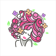 blooming flowers curly hair girl mascot cartoon character logo design, sticker, print for beauty industry idea