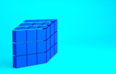 Blue Rubik cube icon isolated on blue background. Mechanical puzzle toy. Rubik's cube 3d combination puzzle. Minimalism concept. 3d illustration 3D render.